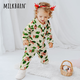 Milkbarn婴儿中开扣连体服宝宝长袖哈衣爬服婴童秋冬童装 圣诞红莓 66cm(3-6m)