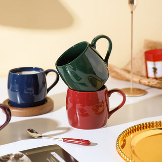 舍里纯色咖啡杯碟套装马克杯带勺碟创意简约陶瓷办公室喝水杯子大容量 圆形相思木杯垫+草绿色杯勺 规格