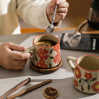 舍里 复古手绘马克杯陶瓷水杯子下午茶办公室喝水杯创意燕麦早餐杯茶杯 红花300ML 单个入