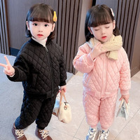 七语欣童装女童加绒套装冬装儿童套装洋气小女孩加厚棉衣棉裤两件套 黑色 100cm(12kg/2-3岁)