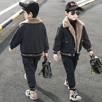 THINKPIRE童装男童套装春秋冬季儿童牛仔衣服加绒男孩牛仔外套裤子两件套 加绒款-卡其色 150码身高140CM