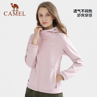 骆驼（CAMEL）户外软壳衣女防风加绒保暖外套连帽休闲夹克男 胭脂红，女，A0W118142 M