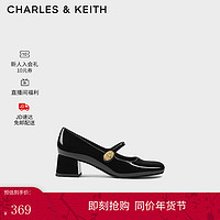 CHARLES&KEITH24春季法式粗跟方头金属扣玛丽珍鞋子女鞋女士CK1-60280433 Black Patent黑色 34