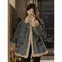 BTTKDL羊羔毛牛仔外套女秋冬季2023宽松加绒棉衣棉服小个子加厚棉袄 蓝色牛仔羊羔毛 优质面料 L
