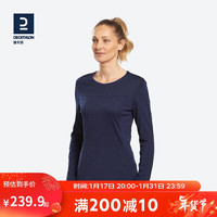 迪卡侬美利奴羊毛保暖内衣打底衫秋衣修身纯羊毛FOR1深蓝-女(86%)绵羊毛