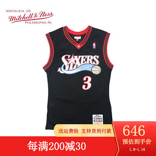 MITCHELL & NESS复古球衣 SW球迷版 NBA 76人队艾弗森篮球服 MN男网眼运动背心 黑色 XL