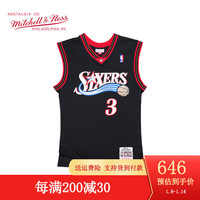 MITCHELL & NESS复古球衣SW球迷版 NBA 76人队艾弗森男篮球服 MN网眼运动背心上衣 黑色 L