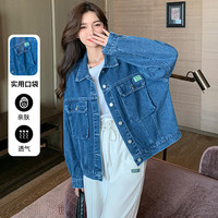 品彩牛仔短外套女秋季翻领工装夹克宽松显瘦时尚口袋上衣 P137F1243