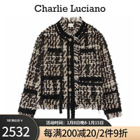 Charlie Luciano粗花呢夹克季黑金下摆流苏名媛温婉风cl小香风短外套 黑金夹克 M