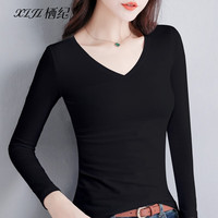 栖纪打底衫女秋冬季内搭修身显瘦长袖纯色棉外穿上衣 黑色--V领 M (90-102斤)