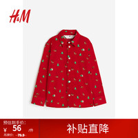 H&M童装男童衬衫翻折领印花棉质衬衫1163558 红色/图案 110/60