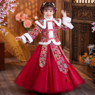 Anneyol 安妮优儿 汉服女童冬款新年儿童古装秋冬过年冬季唐装2024龙年中国风拜年服 红色 140