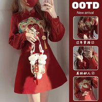 BTTKDL壹兔临春晓中国风冬季新年拜年服新年战袍改良旗袍连衣裙 新兔年 XL