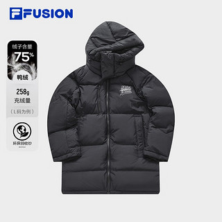 FILA FUSION斐乐潮牌中长款羽绒服男2023冬时尚宽松连帽外套 深黑-BK 180/100A/XL