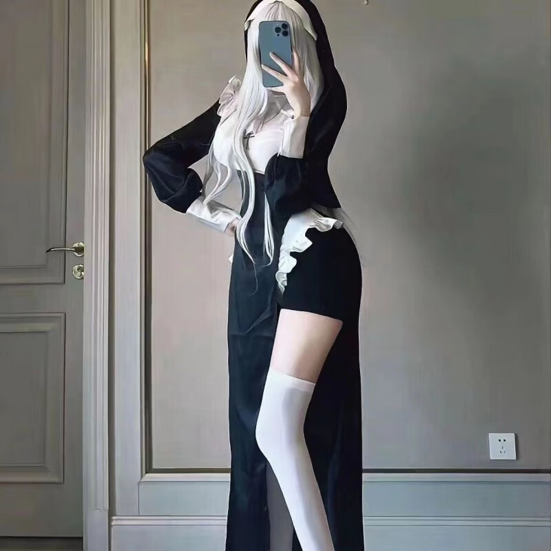 IMPRESSWIT修女cos服紧修身万圣节性感变扮服装cosplay角色扮演制服套装 白色wa子一双 XL