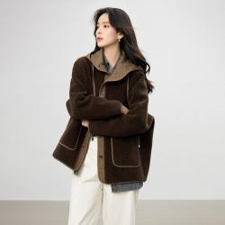 DUIBAI 休闲仿羊羔毛撞色拼接连帽女式短款外套