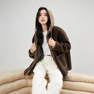 【2023冬装】休闲仿羊羔毛撞色拼接连帽女式短款外套