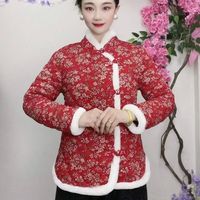 乔甫东北棉袄冬季旗袍改良棉衣驼绒棉加厚款保暖女装花中国风棉服 红色 XL(90-108斤)