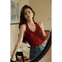 辛皇轻法式港风复古红色冰丝针织挂脖背心显瘦吊带内搭外穿通勤 红色 S（90-110）