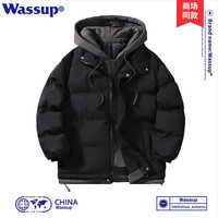 Wassup Sohot假两件棉服男冬季新款加厚棉衣男外套保暖面包服情侣装棉袄夹克 MY2301黑色 2XL