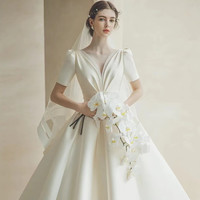 PZCL婚纱新娘主纱豪华法式缎面婚纱主纱2023复古宫廷质感出门 齐地款 M