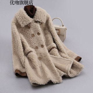 优吻（YOUWen）皮草颗粒绒羊剪绒大衣皮毛一体女装羊羔毛外套女冬中长款 驼色 S【105-115斤】