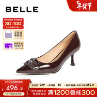 百丽新年时尚休闲高跟鞋女24春季真皮百搭单鞋3Y617AQ4 酒红色 33