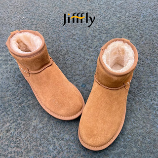 jifffly雪地靴女冬季舒适防滑真牛皮棉鞋女加绒加厚保暖面包靴 栗色（JFY-725） 37