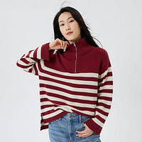 限尺码：Gap 盖璞 女装秋季气质半拉链套头条纹针织衫884533红色毛衣