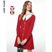 LIMEFLARE 莱茵福莱尔 红色针织显瘦连衣裙2023冬季新款翻领设计感优雅裙子女
