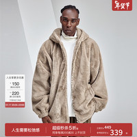 BODYDREAM加厚毛绒冬季外套男情侣美式宽松仿皮毛连帽开衫 米白色 M 110-140斤