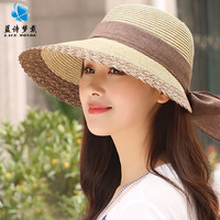 蓝诗梦戴夏季蝴蝶结草帽子女夏天大沿防晒遮阳帽沙滩太阳帽海边度假草帽 卡其色 成人头围(55-58)cm