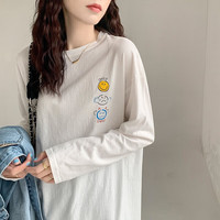 品彩长袖t恤女笑脸印花秋季内搭韩版宽松打底衫上衣 PW1KDK0 XL
