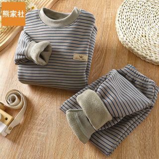 熊家社 加绒儿童保暖内衣套装冬天加厚男女童衣服秋衣秋裤条纹家居服童装