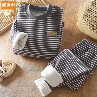 熊家社 加绒儿童保暖内衣套装冬天加厚男女童衣服秋衣秋裤条纹家居服童装