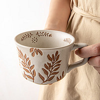 YOUCCI 悠瓷 日式手作粗陶咖啡杯家用陶瓷马克杯喝水杯 女生手绘杯子 豆叶-粗陶咖啡杯-棕色