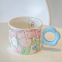 凌艾 陶瓷杯家用可爱情侣咖啡杯伴手礼马克杯郁金香水杯 蓝色