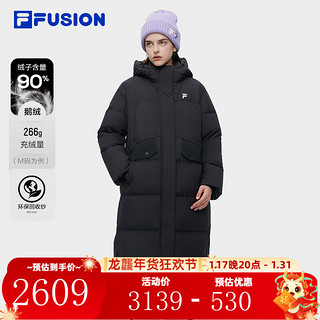 FILA FUSION斐乐潮牌长款羽绒服女冬季时尚休闲连帽外套 正黑色-BK 175/92A/XL