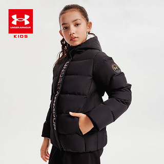 安德玛（Under Armour）女童短款羽绒服冬季加厚保暖连帽羽绒服女大童印花外套童装 黑色 120cm