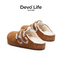 Devo 的沃 软木拖鞋包头绒面加毛加绒保暖半拖外穿套脚女鞋22003
