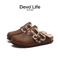 Devo/的沃软木拖鞋女包头半包加绒保暖冬季复古日系半拖外穿22003