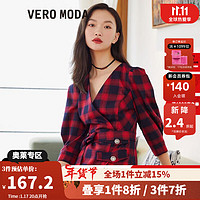 VEROMODA 新款英伦格纹泡泡袖V领连衣裙女|32237C061 F17火红色 160/80A/S