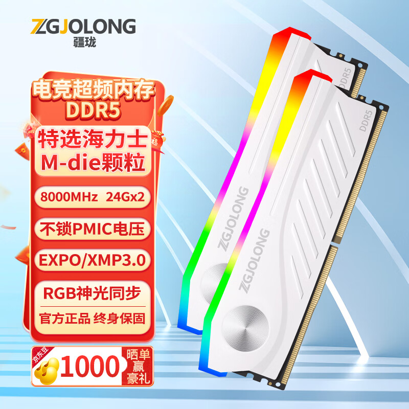 疆珑（ZGJOLONG）i9蛟龙 DDR5内存条 电竞超频 RGB灯条特挑海力士M-die颗粒 48G(24Gx2) 8000白 i9蛟龙灯条
