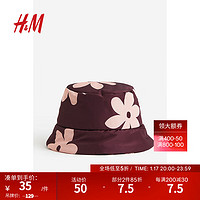 H&M女士渔夫帽休闲时尚梭织圆顶夹棉简约帽子平檐盆帽0991040 酒红色/花卉 54