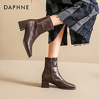 DAPHNE 达芙妮 棕色靴子女2023新款秋冬及踝靴法式瘦瘦高跟粗跟方头小短靴