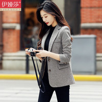 伊娅莎千鸟格子小西装外套女长袖毛呢格纹西服韩版复古港风休闲时尚气质小个子上衣高级感女神范西服潮 单件K027咖啡格西装 L
