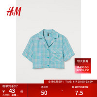 H&M女装衬衫夏季女休闲时尚古巴领短袖短上衣0974737 绿松石色 165/96A