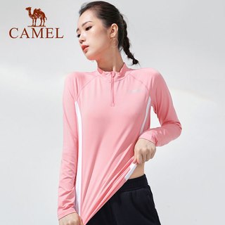 骆驼 CAMEL运动长袖t恤加绒女士T恤健身跑步衣服快干修身上衣 蜜桃粉，女 M