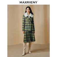 MAXRIENY宫廷复古风收腰格纹毛领外套 绿格纹 S/01