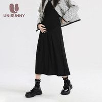unisunny装冬款小个子孕妈时尚托腹裙子孕中晚期不显怀半身裙 黑色 L